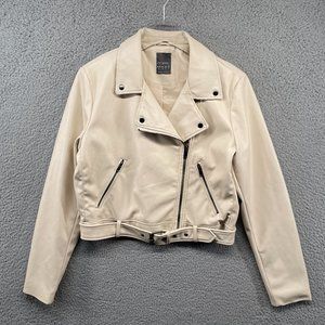 Primark Faux Leather Jacket Womens Size 8 Cream Moto Biker